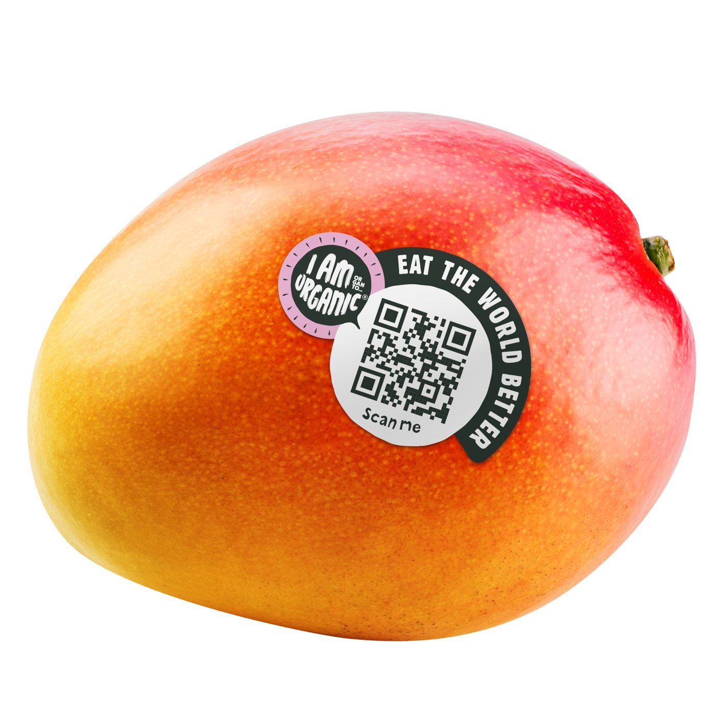 Mango van I AM Organic met QR-sticker Eat the World Better